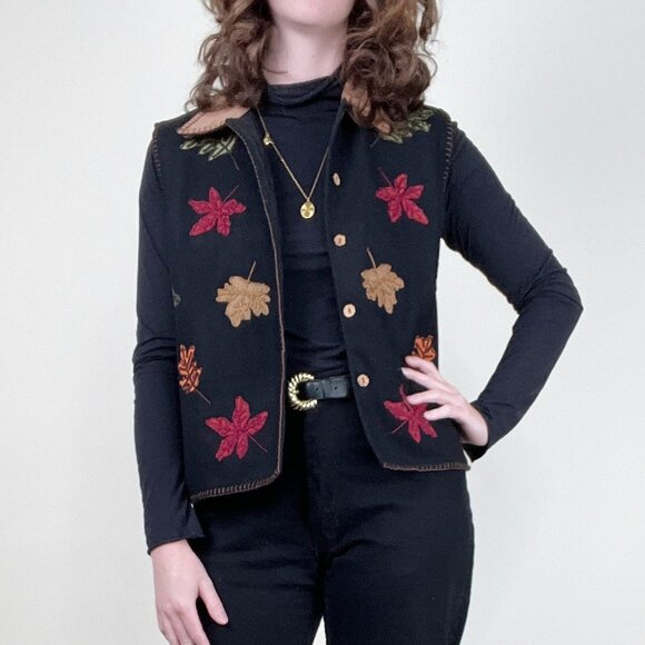 Vintage Wool Fall Leaf Sweater Vest Oversized Sleeveless Jacket Coat Novelty 90s - Picture 8 of 8